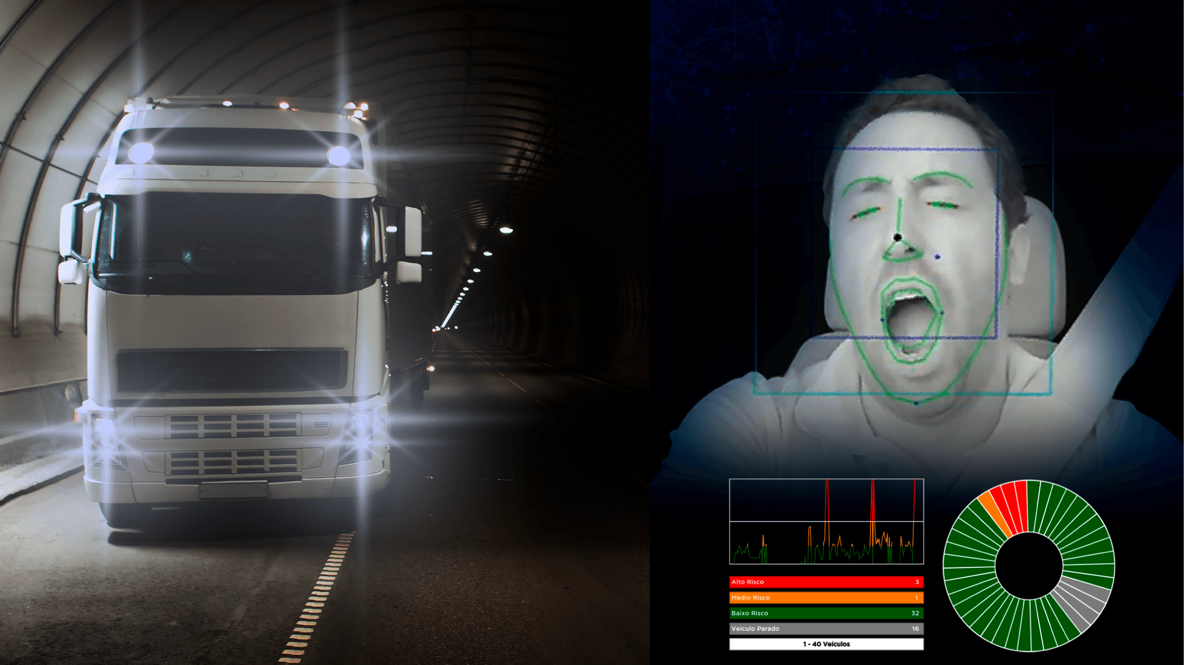 Foto de um caminhão andando e ao lado o motorista sendo gravado bocejando.