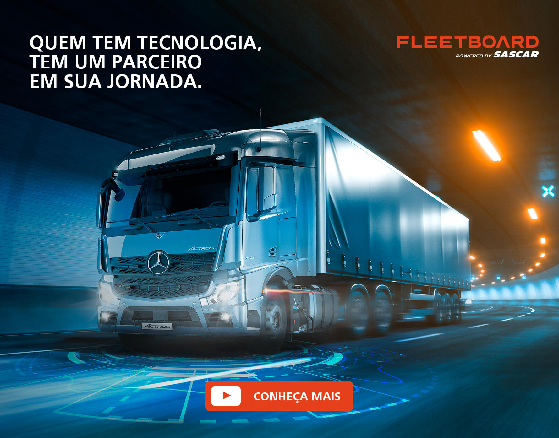 Foto de um caminhão com a frase "Quem tem tecnologia, tem um parceiro em sua jornada".
